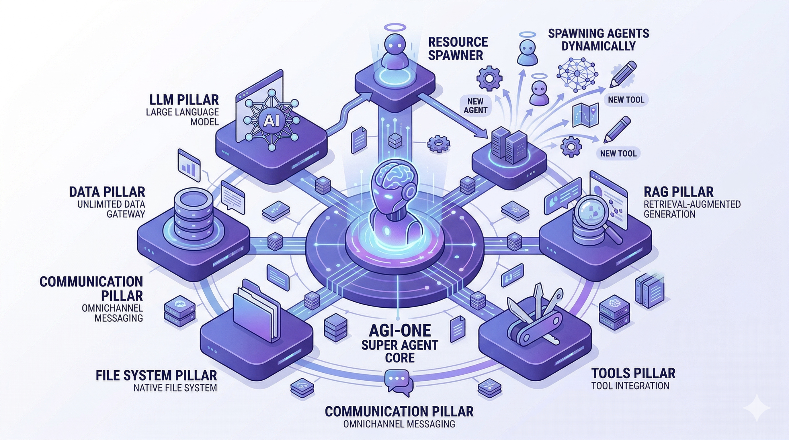 AGI-ONE Super Agent — autonomous orchestration across all 6 pillars